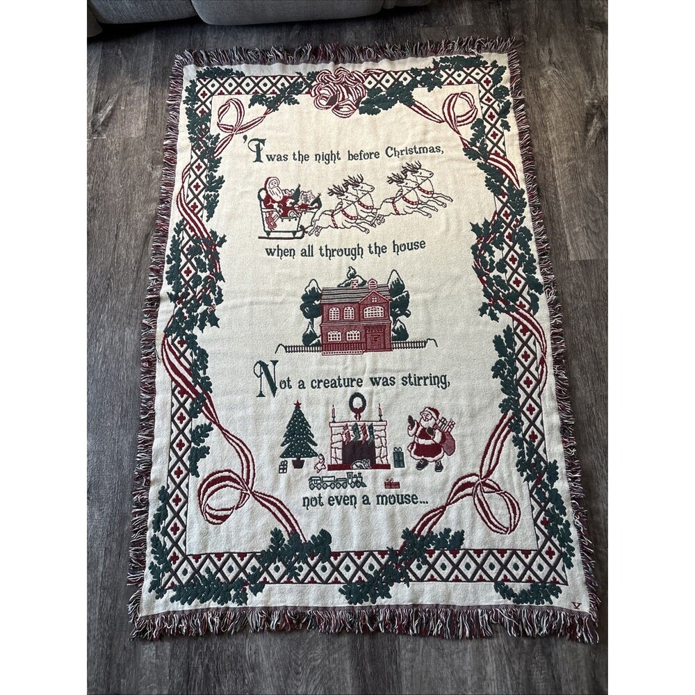 Vintage Chatham Night Before Christmas Cotton Jacquard Throw USA Made Bows